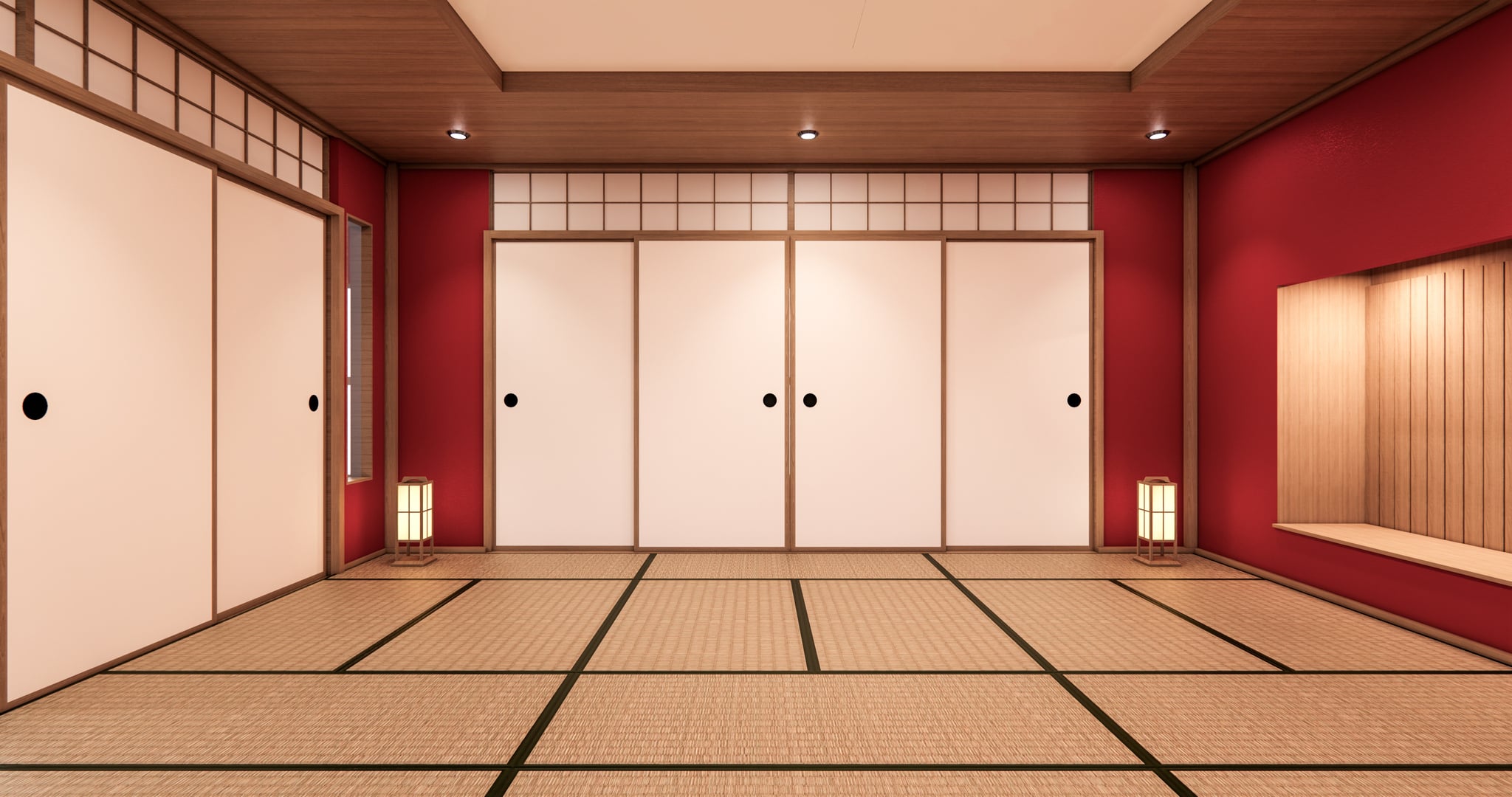 Red Empty Japanese Room Interior with Tatami Mat 